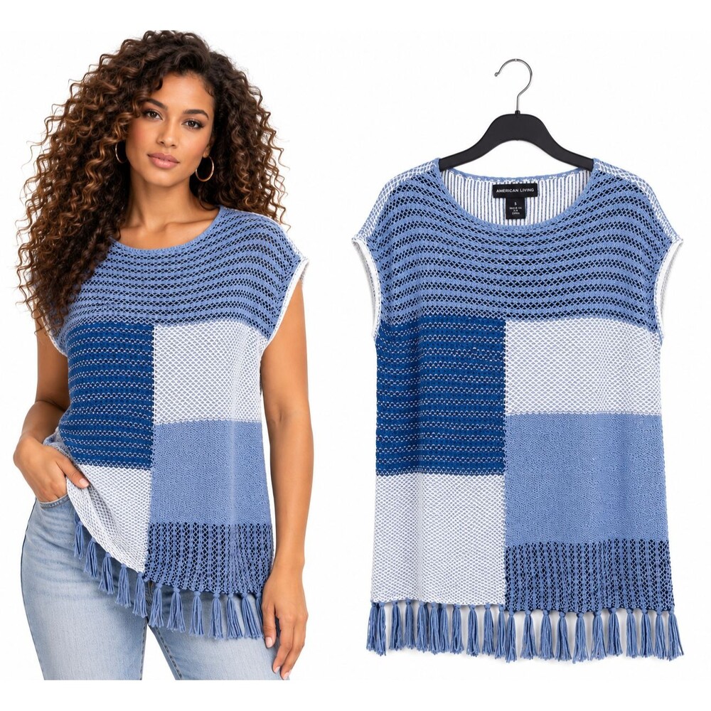 American Living Fringe Sweater Size XL Top Blue White Patchwork Boho Coastal